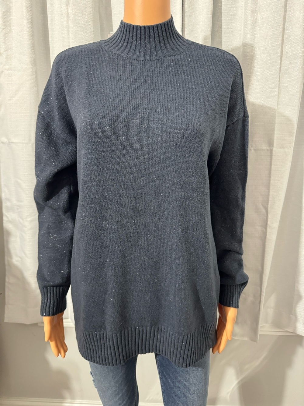Pretty LC Lauren Conrad size M ink blue metallic button accent move neck sweater